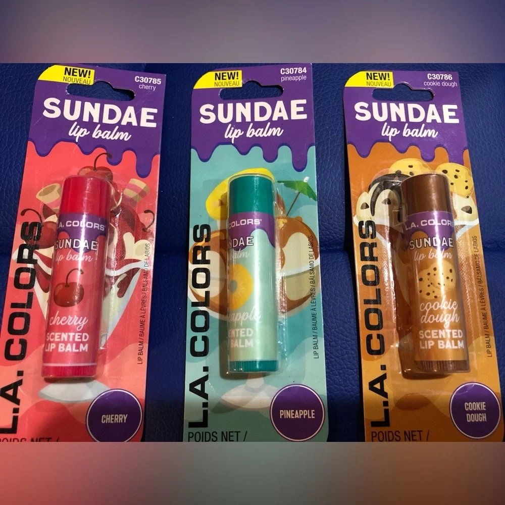 3pack yummy sundae flavored lip balms in cherry pineapple & cookie dough +1 free